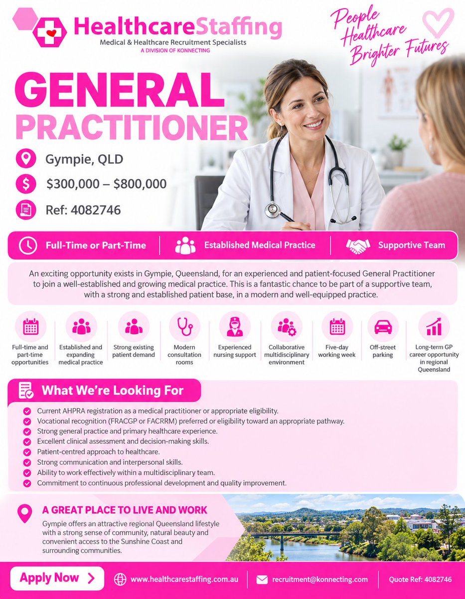 HealthcareStaf3's tweet photo. We’re hiring a General Practitioner in Gympie, QLD.

Apply here:
https://t.co/OV3HT8pg2h
Quote Ref: 4082746

#GeneralPractitioner #HealthcareStaffing https://t.co/Pn8Eq1NgFH