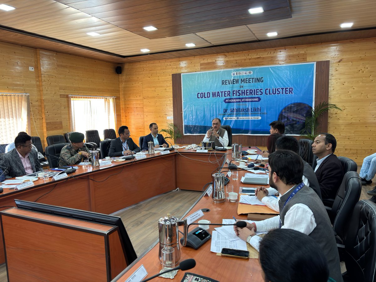 FisheriesGoI's tweet photo. Dr. Abhilaksh Likhi, Secretary, Department of Fisheries, Government of India, chaired a meeting on the Pithoragarh Coldwater Fisheries Cluster at the Collectorate, Pithoragarh, Uttarakhand, on 19 October 2026.

Dr. Likhi reviewed the progress of coldwater fisheries development under the Pradhan Mantri Matsya Sampada Yojana (PMMSY) and discussed the future roadmap for strengthening trout farming across the Himalayan states. Deliberations focused on addressing challenges related to trout seed availability, feed supply, productivity and cold-chain infrastructure, alongside strengthening scientific support, market linkages and the fisheries value chain.

Uttarakhand has become the first state in the Himalayan region to export trout to Nepal. The state is also supplying trout to the Indo-Tibetan Border Police (ITBP) under an MoU entered between the Department of Fisheries, Government of Uttarakhand, and ITBP, creating assured market opportunities for trout farmers.

The meeting was attended by Shri Sanjay Kumar Gunjyal, ADG, ITBP; Smt. Gunjan Krishna, JS, DoF; Dr. J. K. Jena, DDG (Fisheries Science), ICAR; Dr. B. K. Behera, CEO, NFDB; Shri P. Jawahar, Chairman, MPEDA; Shri Ashish Kumar Bhatgain, DM, Pithoragarh; Shri Chandra Singh Dharamshaktu, Director of Fisheries, Uttarakhand; representatives of Himalayan states, NABARD, ICAR-DCFR, MoFPI, trout farmers and other stakeholders.

#ColdWaterFisheries #TroutFarming #PMMSY @DoC_GoI  @DDNewslive  @airnewsalerts