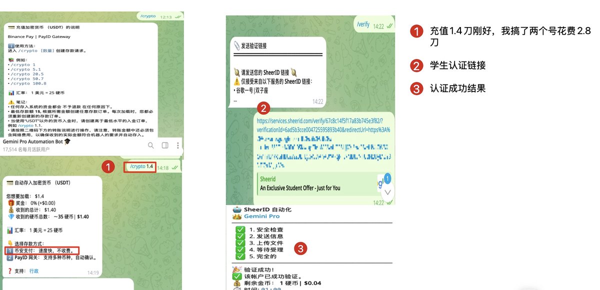 luckiestMax's tweet photo. 🔥 Google 学生认证福利，速速上车！😈

💰 $8.99 拿下 2 年多 Google AI Pro + YouTube Premium！

实测叠加优惠后首次扣款时间顺延 721 天，会员有效期延长至 2029 年 2 月！

🚀 上车教程：

1️⃣ 打开官方入口：https://t.co/xrEogEIMRz看有没有资格

2️⃣ 先通过 Google / SheerID 完成学生认证，领取 Google AI Pro 学生优惠。

🎓 没有学生身份的，可通过第三方 Telegram Bot 认证（需$1.4）：https://t.co/nu6mPg2ghl 【详情见部分截图】

3️⃣ 认证后先领取Google Al Pro 12个月的（不包含YouTube Premium）、再花费$8.99订阅包含 YouTube Premium 的优惠套餐【不需要的也可以不升级】

4️⃣ 确认首次扣款日期和金额，符合预期再付款！

✅ 已有学生会员的，直接从第 3 步开始。

💎 据反馈升级 Paid Pro 后，还可能解锁 Antigravity 中的高级模型！

⚠️ 注意：
• 最好提前添加好谷歌付款方式，不然会有各种问题【账单地址：美国免税区最好】
