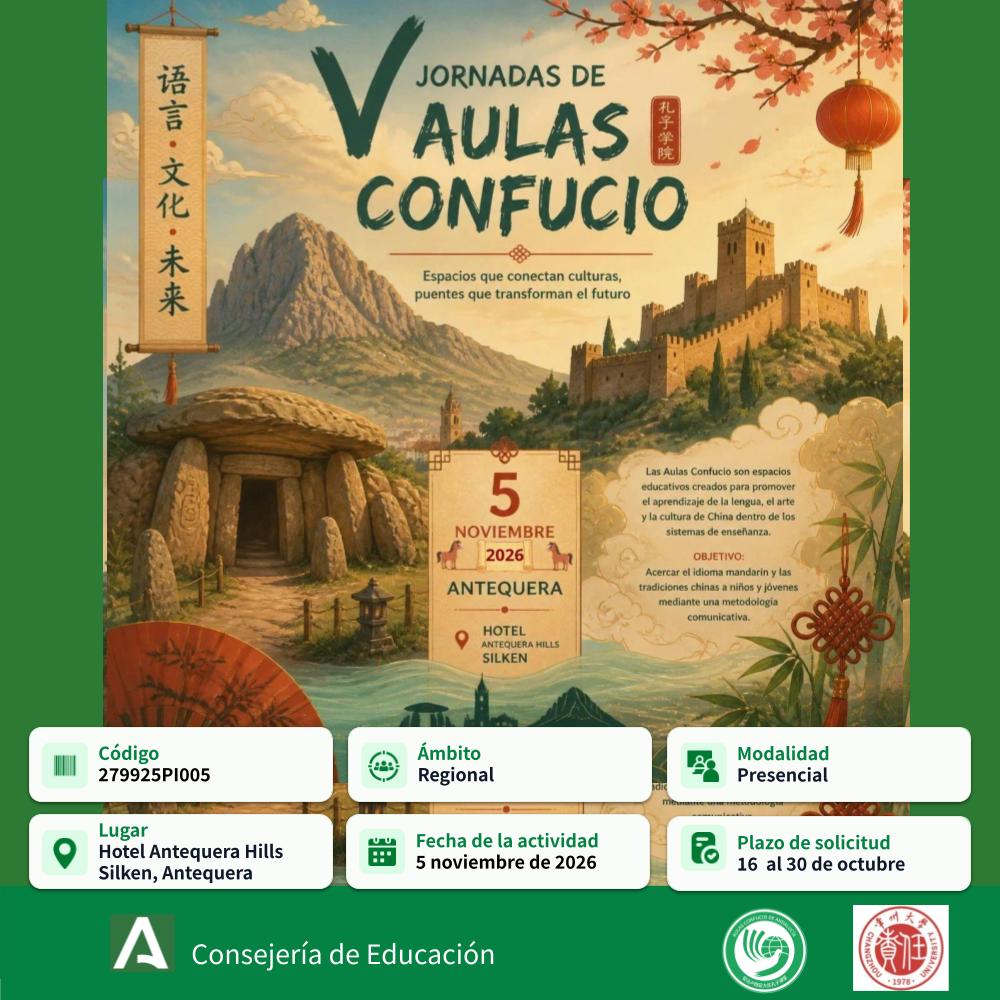 cepmalaga's tweet photo. 📖 TÍTULO: V JORNADAS DE FORMACIÓN AULAS CONFUCIO
CÓDIGO: 279925PI005 
💻 MODALIDAD: Jornadas 
👥 DIRIGIDO A: Internivelar  
📅 FECHA INSCRIPCIÓN: 16/10/2026 hasta 30/10/2026 
⏳ FECHA ACTIVIDAD: 05/11/2026 
🔗 MÁS INFORMACIÓN E INSCRIPCIÓN: https://t.co/CvP8iezHdE https://t.co/qn1tlqZI7N