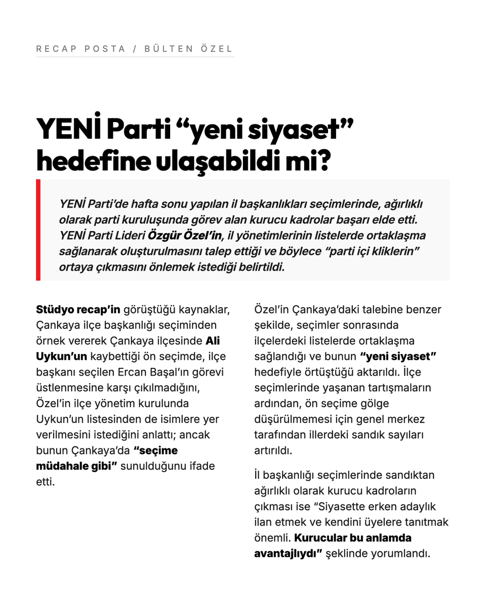 studyorecap's tweet photo. #recapkulis
YENİ Parti’nin il başkanlığı seçimlerinde sandıktan ağırlıklı olarak kurucu kadrolar çıktı. 

Stüdyo recap’e konuşan kaynaklara göre Özgür Özel, parti içi gruplaşmaları önlemek için farklı listelerin yönetimlerde birlikte yer almasını istedi. https://t.co/68dnF4CaME