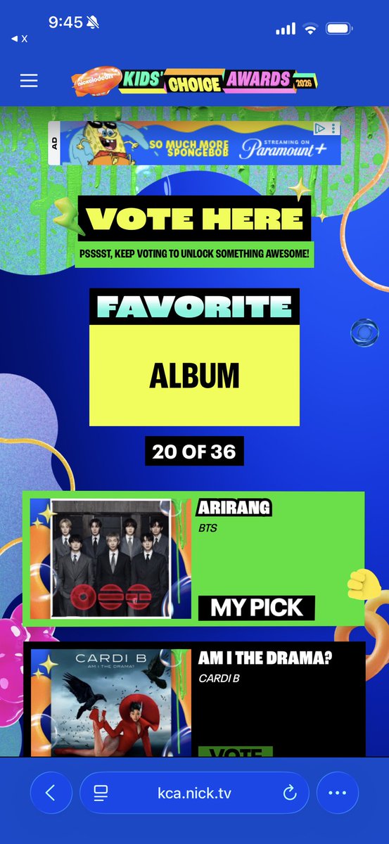 miniminisoull's tweet photo. Voten por #BTS en los Kids Choice Awards 2026.
@BTS_twt 

- Favorite Music Group/Duo: BTS.
- Favorite Album: ARIRANG.
- Favorite Song: SWIM.

Link:
(https://t.co/SO8S90Ee7u)

Voten en TODAS las categorías. https://t.co/5T9oO3m7Nv