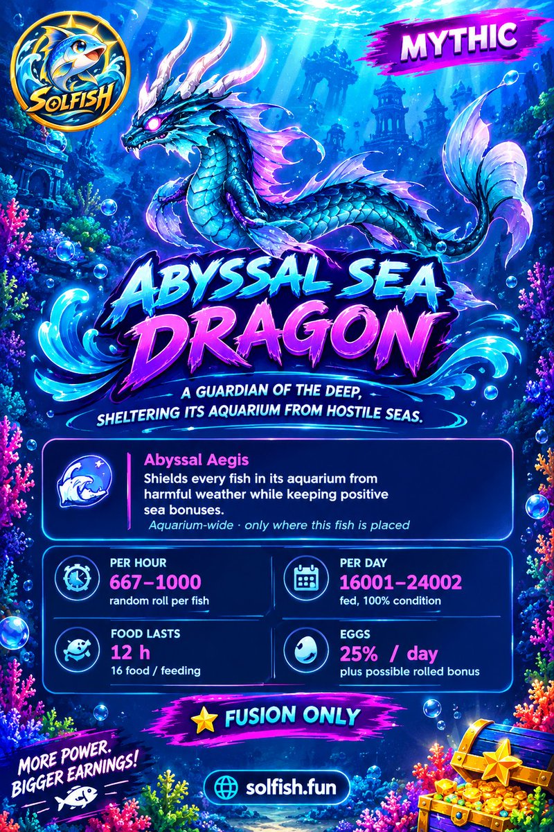 solfishofficial's tweet photo. 🐉 MEET THE NEW MYTHIC FISH IN SOLFISH! 💎

Introducing the Abyssal Sea Dragon 🐉 and Crystal Megalodon 💠!

✨ Two powerful Mythics. Unique abilities. A stronger aquarium!

🌐 Website: https://t.co/6fn1wPXjTM
🌐 Discord: https://t.co/DM1d77CoyZ

#SOLFISH #GameFi #CryptoGaming 🐟 https://t.co/IhtzRoqEGC