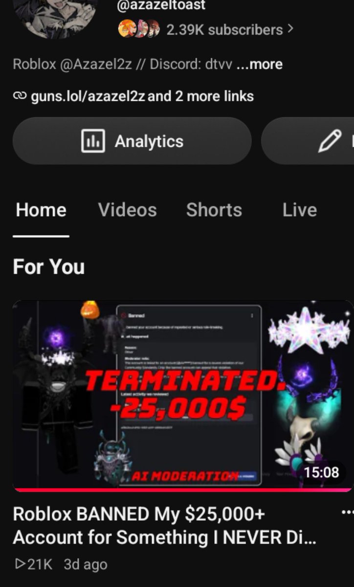 AzazelMistake's tweet photo. At this point, I genuinely don't know what else Roblox expects me to do.

I've appealed, contacted support multiple times, provided evidence, and even made a whole video explaining my situation.

My account Azazel2z was terminated over multiple accounts I DON'T OWN, and I'm still being sent in circles. Can someone actually investigate this? @Roblox @DavidBaszucki #robloxban