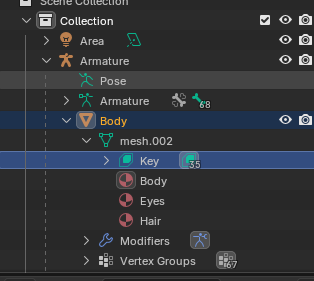 Pulsarnova3's tweet photo. @Idiot_Animates @TheJeramy809 Her face controls are inside of mesh.002, and key, open up key, and you can find different facial expressions, just double-click the facial expression and set the number to something like 1, or what I did, 0.8 https://t.co/x0OaB0YJNt