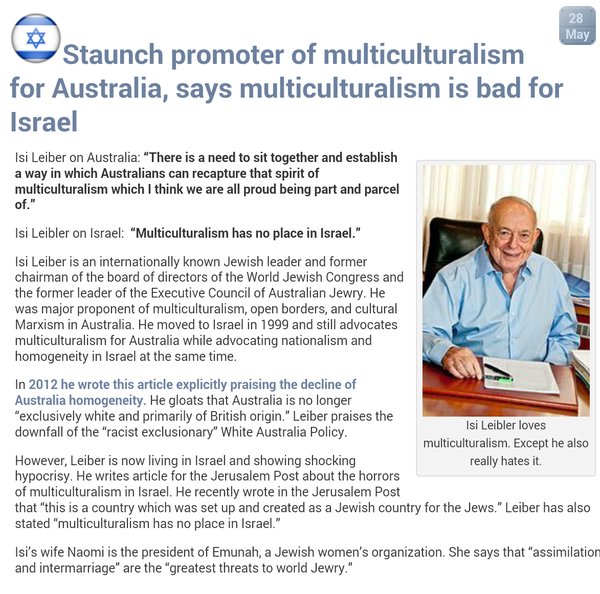 AlisterHarrow's tweet photo. I keep arguing with people who blame 'left wing jews'.

They support multiculturalism in your country.
They support ethnonationalism in their country.

They're not left wing, they know it will destroy your nation. https://t.co/cWDZt4Cwb9