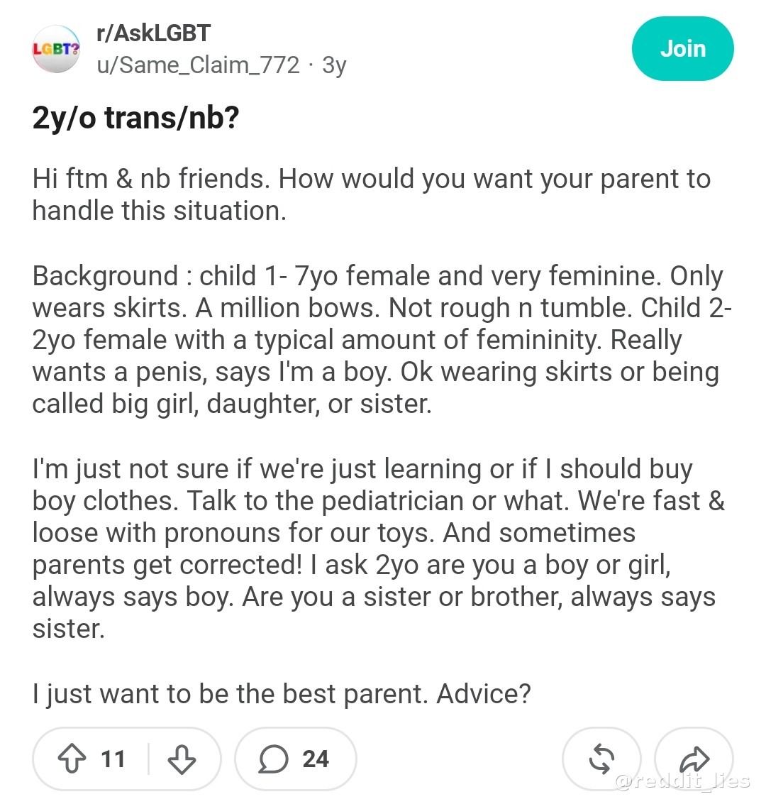 reddit_lies's tweet photo. Why does was their 2 year old daughter talking about wanting a p*nis? https://t.co/znDZh9diDJ