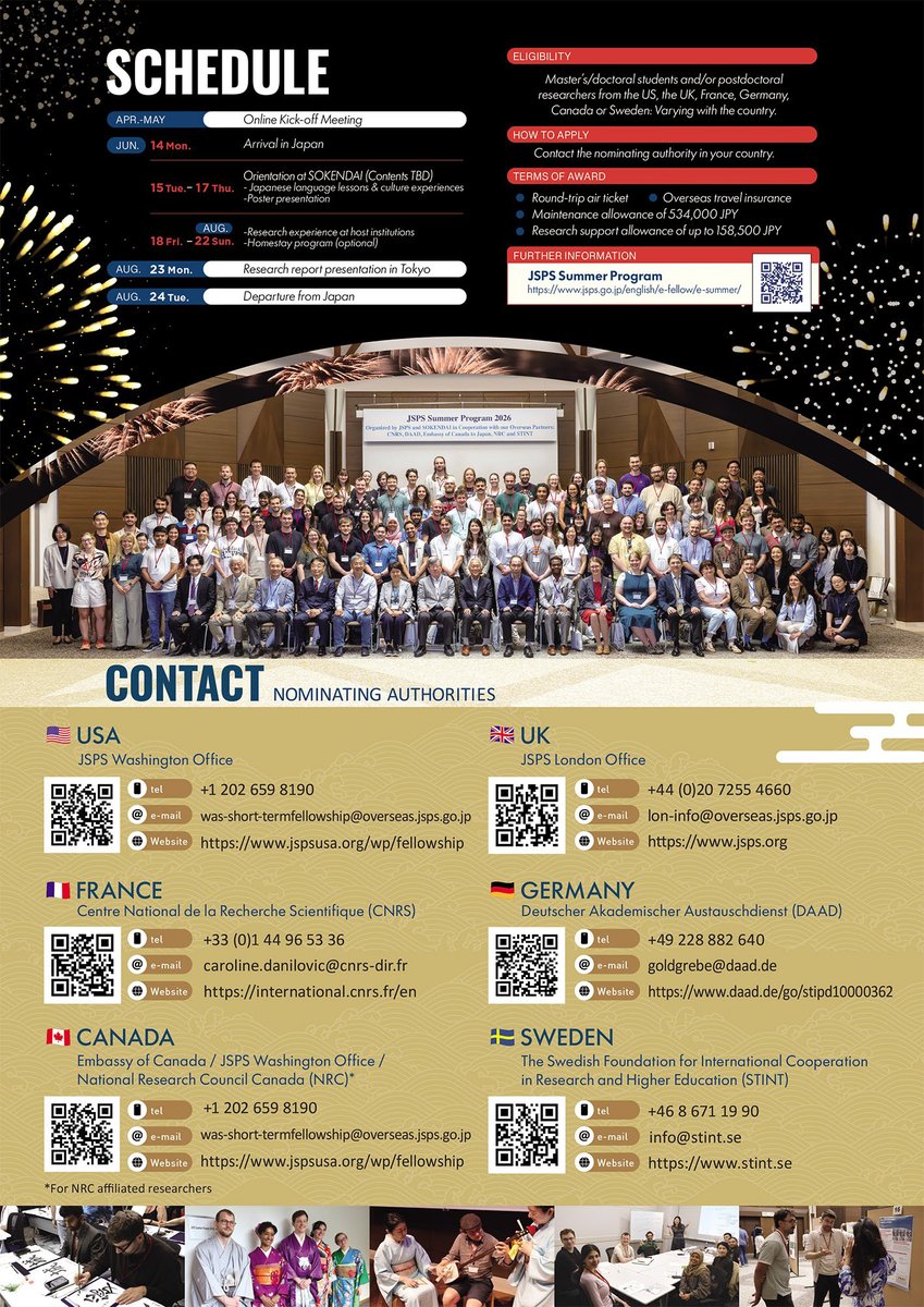 jsps_sns's tweet photo. The JSPS Summer Program 2027 is now open.🌻 Young researchers have an exciting opportunity to conduct research in Japan. Please check the eligibility requirements and application details at the URL below.
🔗https://t.co/f9GsY0EdSB
#ResearchInJapan #JSPS https://t.co/6CvZm1aaDr