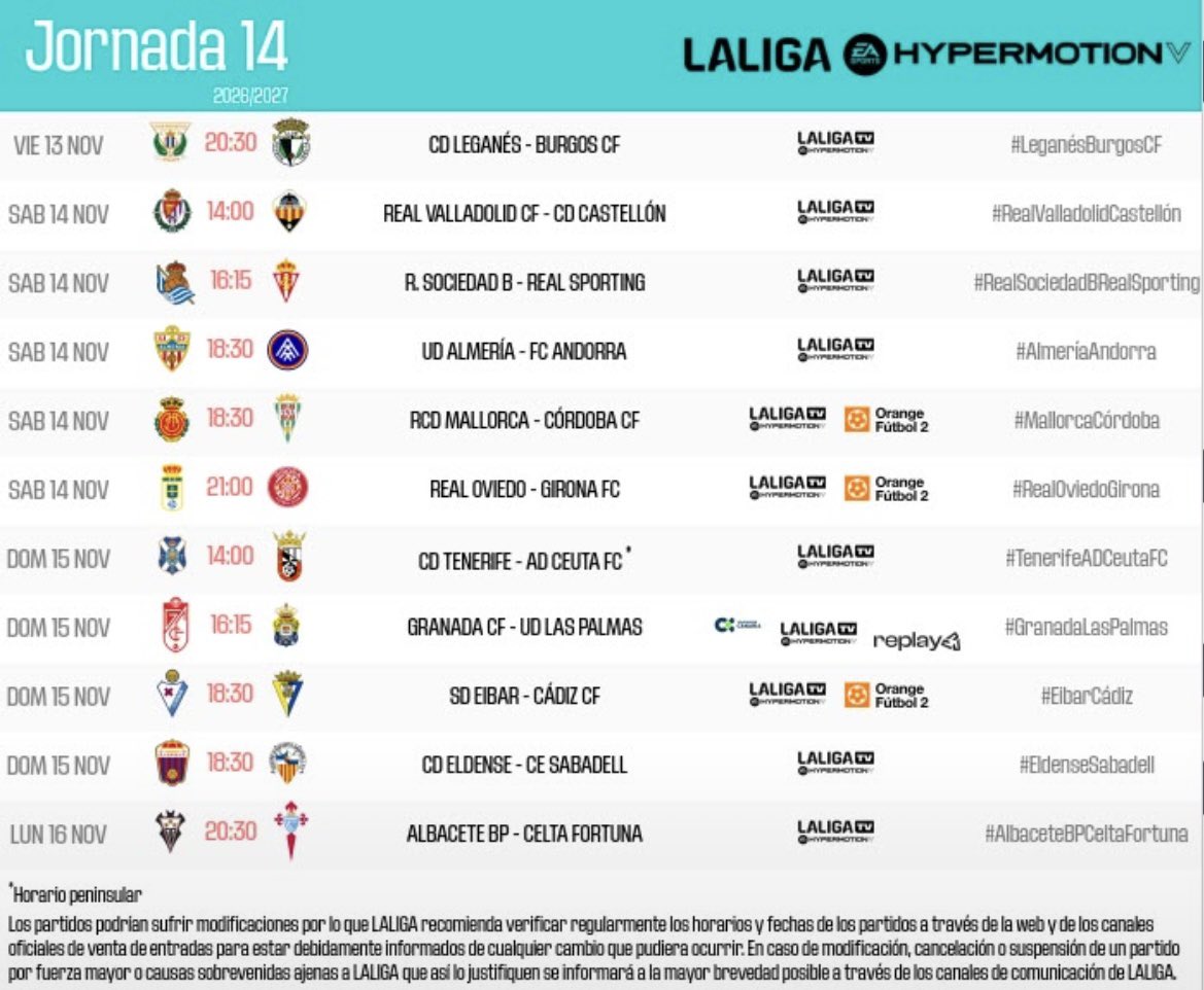 _RadioRO_'s tweet photo. HORARIO.
La Liga da a conocer los horarios de la Jornada 14.

🆚 Girona FC
🗓 Sábado 14 de noviembre 
🕢 21:00
🏟 Carlos Tartiere https://t.co/bFhWZqncaV
