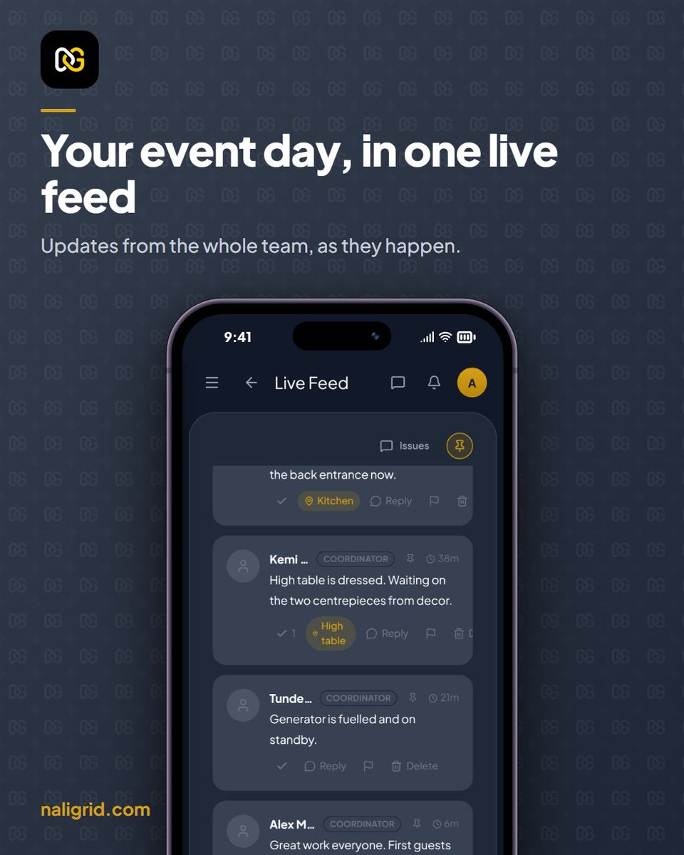 Ironali_'s tweet photo. On event day the key information lives in the worst place: a WhatsApp group with 300 unread messages.

NaliGrid gives each event a live feed. Short updates tagged by location, one pinned message everyone sees, and problems flagged so someone owns them. https://t.co/xkGVrVdpAa