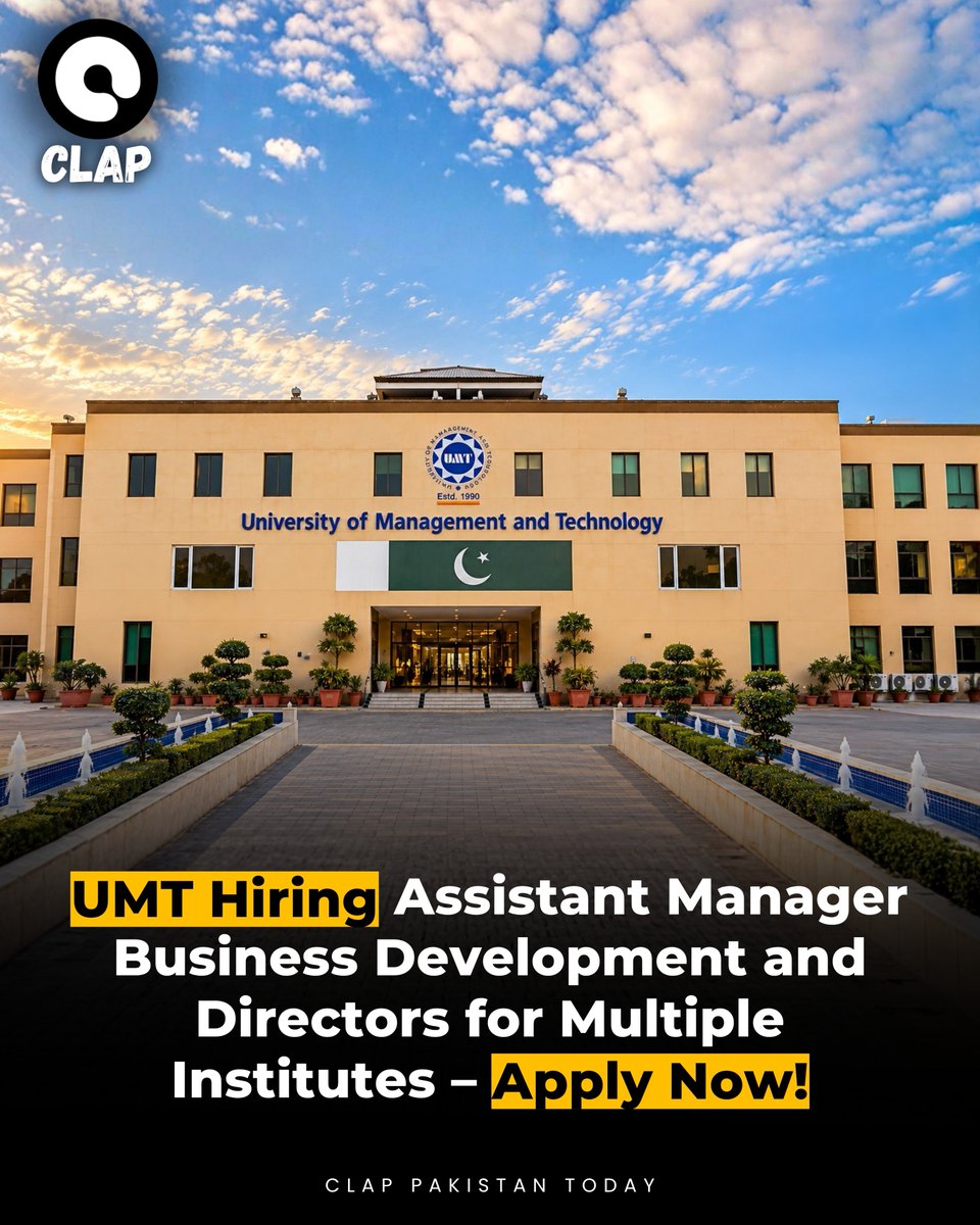 ClapPakistan's tweet photo. UMT Hiring Assistant Manager Business Development and Directors for Multiple Institutes – Apply Now!
Read More Link: https://t.co/5zkSqh5BjN
#UMT #Jobs #ClapPakistan https://t.co/PlVeLu1HgB