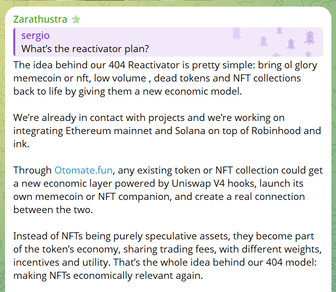 Inkintosh's tweet photo. People might be underestimating how big this could be. 👀🔥

Even @cruelhandeth is showing interest in Otomate's 404 Reactivator Plan !

The idea ? Bring forgotten tokens and NFT collections back to life with a whole new economic model.

And with Ethereum and Solana integrations in the works, imagine the communities this could bring to @otomate_trade 🌍

More users. More activity. More eyes on @inkonchain.

And potentially a whole new wave of people discovering $IKT and Inkintosh along the way. 👻💜

We're still early. 🖥️⚙️