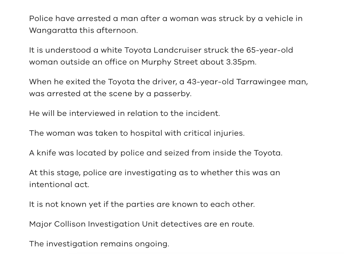JoshButler's tweet photo. Victoria Police on Helen Haines: 43yo man arrested "after a woman was struck by a vehicle...The woman was taken to hospital with critical injuries." https://t.co/CGZ40sKUXh