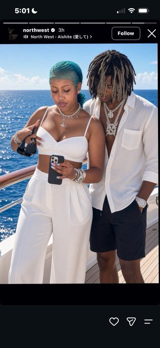 TJkings01's tweet photo. North West posted photos of herself and her boyfriend, Ken Carson, on a yacht, then shared screenshots of texts from Kanye West saying he would stop sending her allowance if she didn’t take them down. She replied that her mom, Kim Kardashian, would cover it. 
What has Kim done to this girl?😭