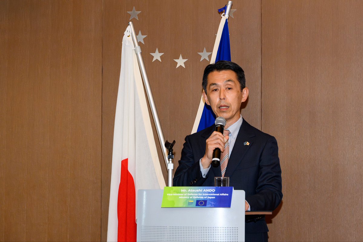 ModJapan_en's tweet photo. On Oct 16, VM Ando delivered a keynote address at “Road to Schuman,” highlighting the importance of deepening security and defense cooperation with the EU and its Member States as Euro-Atlantic and Indo-Pacific security become increasingly inseparable🇯🇵🇪🇺
https://t.co/qX4onLSksa https://t.co/ZJTM6aqnzp