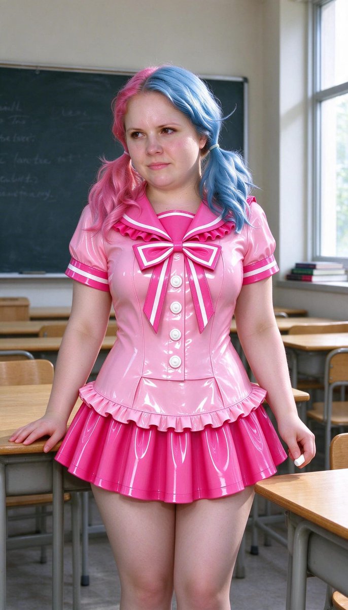 Lizzy1262629's tweet photo. Me in the classroom. Pink PVC sailor uniform with bow and buttons, pink and blue hair, hand under my chin, desks and board behind me.
#PinkPVC #SailorUniform #SchoolBow #SplitHair #Classroom #FetishFashion #NSFW #HandUnderChin #Smiling #DeskPose https://t.co/Zm5aPCR2ts