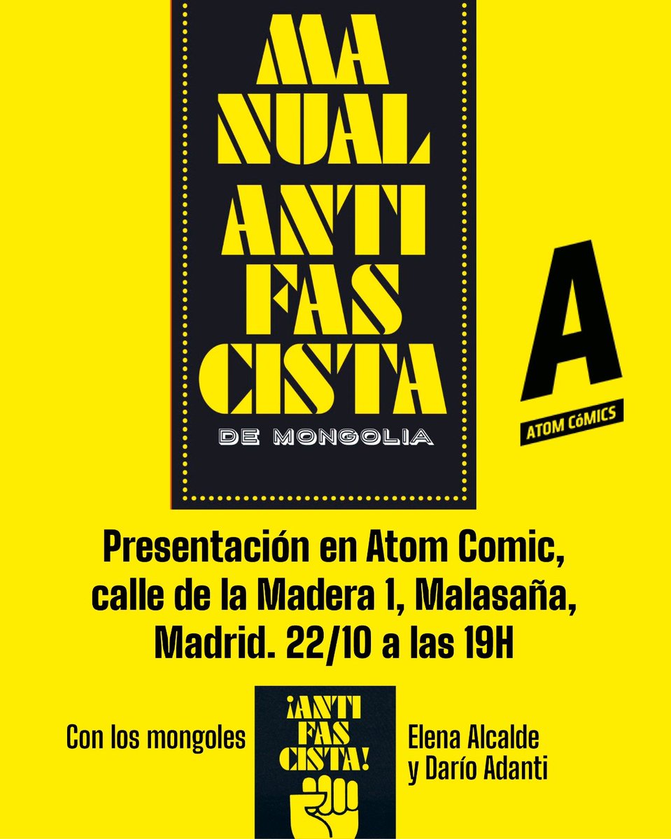 ATOMCOMICS's tweet photo. Presentación de Manual Antifascista de @revistamongolia 

Jueves 22. 19h

Elena Alcalde y Darío Adanti en Atom Cómics para charlar, por una vez, de cosas útiles. 

¡Estáis invitados! https://t.co/ZnrI1IHhYb