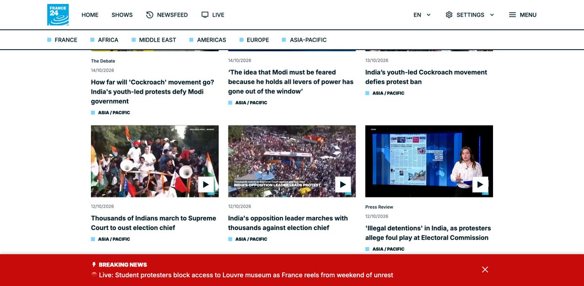 pingali's tweet photo. @FRANCE24 was relentless in support of rioting by CJP in India. Was sad when it didnt happen. Not "Un nouveau regard sur l'actualité" but rather "Jeter un nouveau regard sur la France" and  "L'écho de la Françafrique : Jeter un regard impérialiste, vieux et fatigué sur l'actualité mondiale."