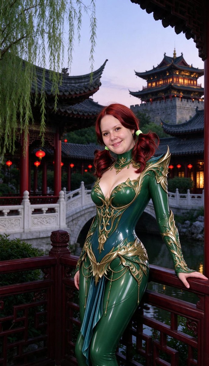 Lizzy1262629's tweet photo. Me in the garden. Green and gold ornate PVC with filigree and chains, red pigtails, temple and bamboo behind me.
#GreenPVC #GoldTrim #OrnateArmor #RedPigtails #ChineseGarden #FetishFashion #NSFW #Temple #Bamboo #SmilingForward https://t.co/NeEZ0L5dbT