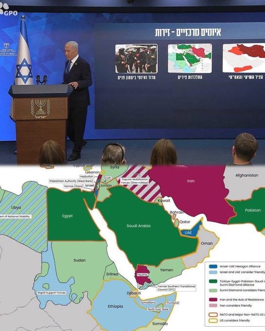 gdrarr's tweet photo. 🗺 The Blueprint Revealed: Netanyahu’s Map & The Engineering of Horn Instability 🇪🇷 🇪🇬🇸🇩 🇮🇱 🇦🇪 🇪🇹

Benjamin Netanyahu's presentation of a Middle East alliances map during his national security address explicitly visualizes the geopolitical proxy architecture operating behind regional conflicts. The graphic—categorizing regional alignments—confirms that instability across the Red Sea basin and the Horn of Africa is structural rather than accidental.

🔍 Key Mappings & Strategic Takeaways

🔵 The "Hexagon" Proxy Camp: The map categorizes Ethiopia, Somaliland, and the Rapid Support Forces (RSF) in Sudan within the Israel–UAE axis.

🇸🇩 Manufactured Destabilization in Sudan: The explicit grouping of the RSF alongside external patrons explains the sustained cross-border logistics and weapons flows deployed to fracture the Sudanese state.
🇪🇹 Addis Ababa as Regional Catspaw: Facing internal collapse across Amhara, Tigray, and Oromia, the regime in Addis Ababa acts as a proxy instrument, attempting to export conflict toward Sudan and Eritrea while pushing unviable Red Sea access claims.
🟢 The Sovereign Counterweight: The classification of Eritrea, Sudan, and Egypt alongside the broader regional status quo reflects Asmara's steadfast defense of sovereign territorial integrity, non-interference, and littoral-exclusive Red Sea governance.

"The proxy map has been publicly displayed; the forces fragmenting the Horn of Africa are no longer hidden behind diplomatic rhetoric."

#HornOfAfrica #Eritrea #Sudan #Ethiopia #RedSeaSecurity #MiddleEastAlliances #Geopolitics #SovereigntyFirst