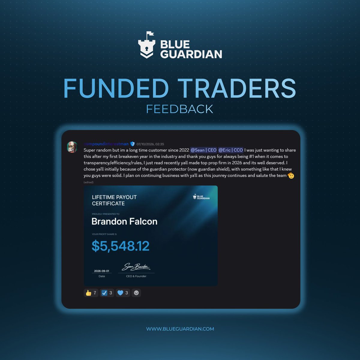 BlueGuardiancom's tweet photo. Trading with us since 2022

This shows our commitment to prop trading and the industry

Congrats, Brandon! https://t.co/Sv0J9djyAk