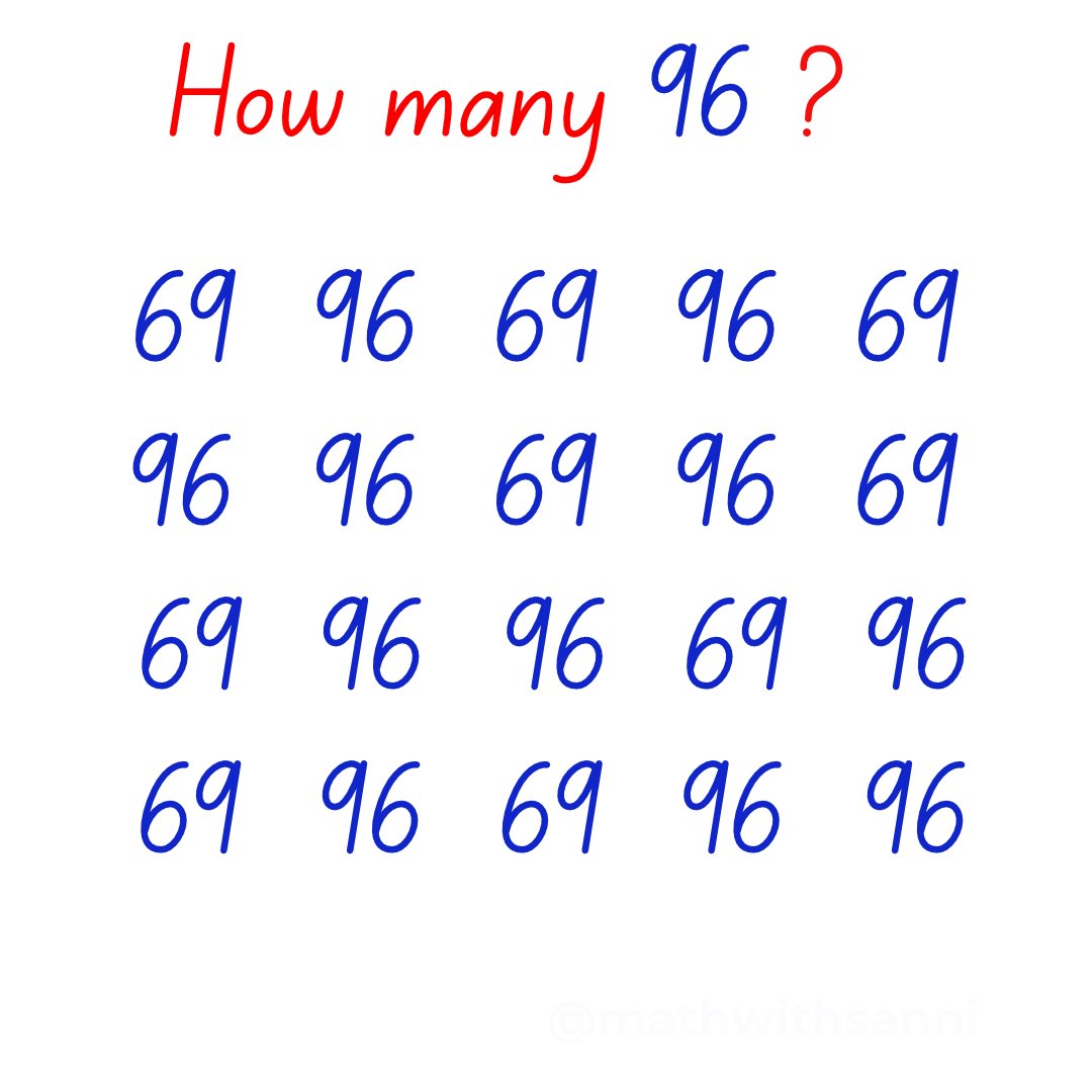 mathwithsanni's tweet photo. Can you find EVERY "96" ?

Only Sharp Eyes and Brain Only 👀

Drop your answer before you scroll. https://t.co/Qui7MGW4SC