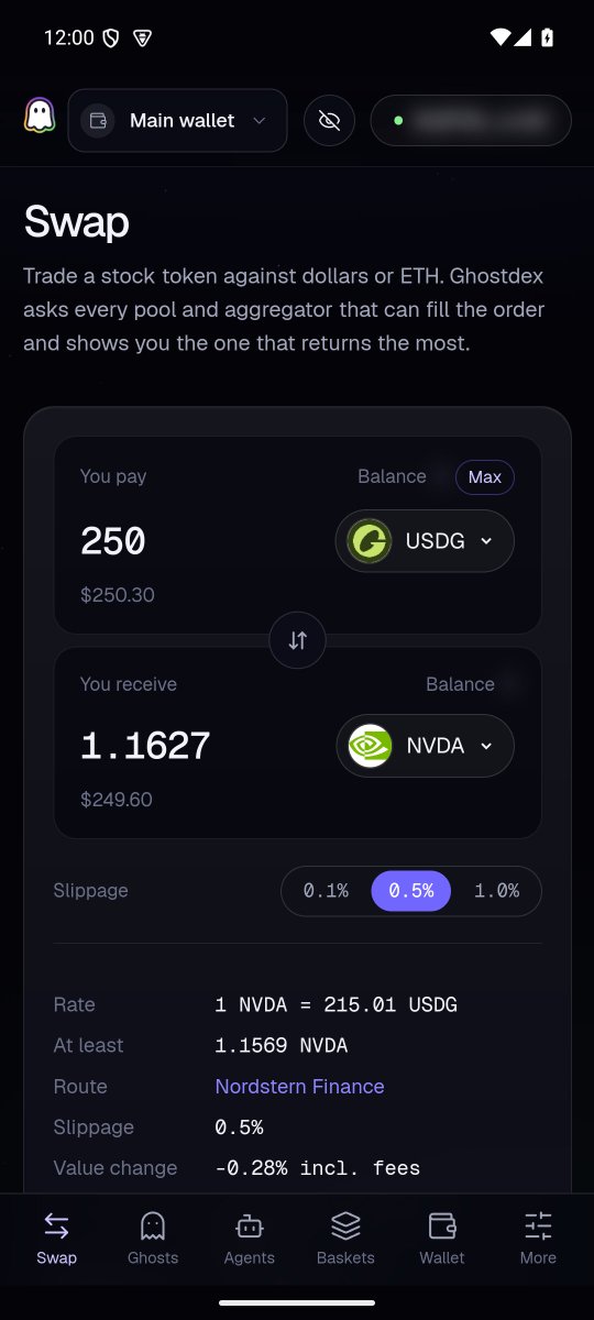 useghostdex's tweet photo. Real screens from the Android app, on a wallet that never held funds: a quote for 250 USDG into NVDA, three ghosts opened from one signature, a bridge quote from Base that lands on a ghost, and an agent with autopilot on. https://t.co/h1A2Tyx7Gj