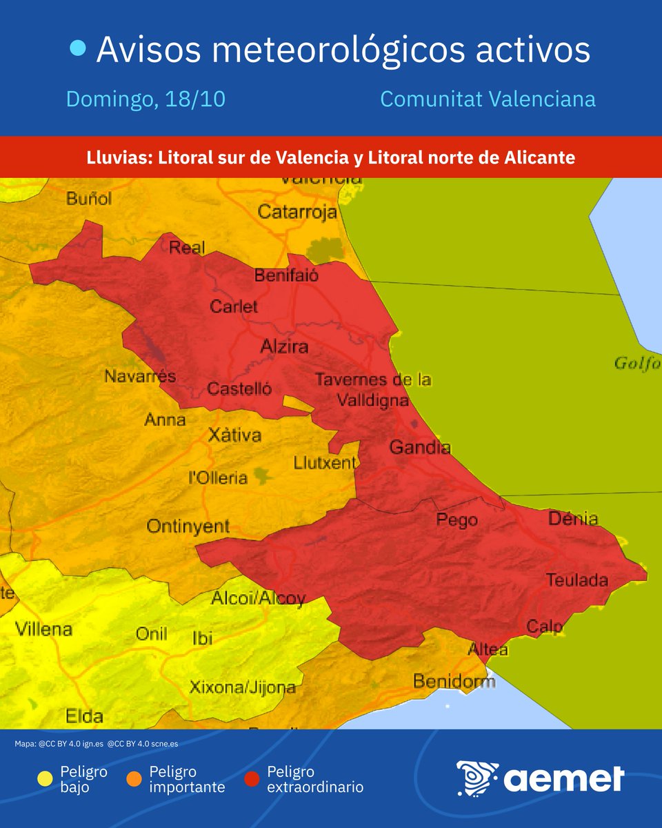 AEMET_Esp's tweet photo. ⚠️🔴 AVISO ROJO | Lluvias torrenciales
📌 Litoral sur de Valencia y Litoral norte de Alicante.

🗓️ Domingo 18 y lunes 19.
➡️ Más de 200 l/m² en 12 horas; en algunos puntos, 300 l/m² en 24 horas.

⚠️ Situación muy adversa que puede derivar en inundaciones y crecidas de cauces.
1/2 https://t.co/SFvJ8OumSo