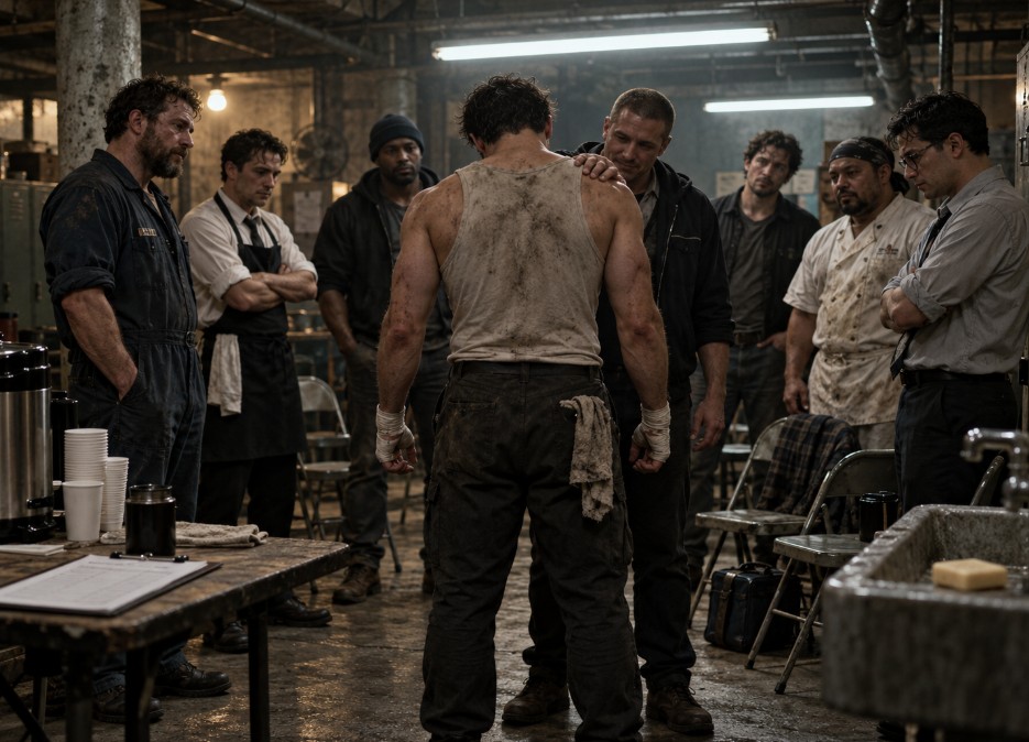 CernunnosF's tweet photo. Tyler Durden runs a projector and waits banquet tables, his hands in the food of people who never look at his face.
“The people you are after are the people you depend on.” That line was written for working people.
#FightClub https://t.co/WXk4UWd0bR https://t.co/R6MiIEQfYo