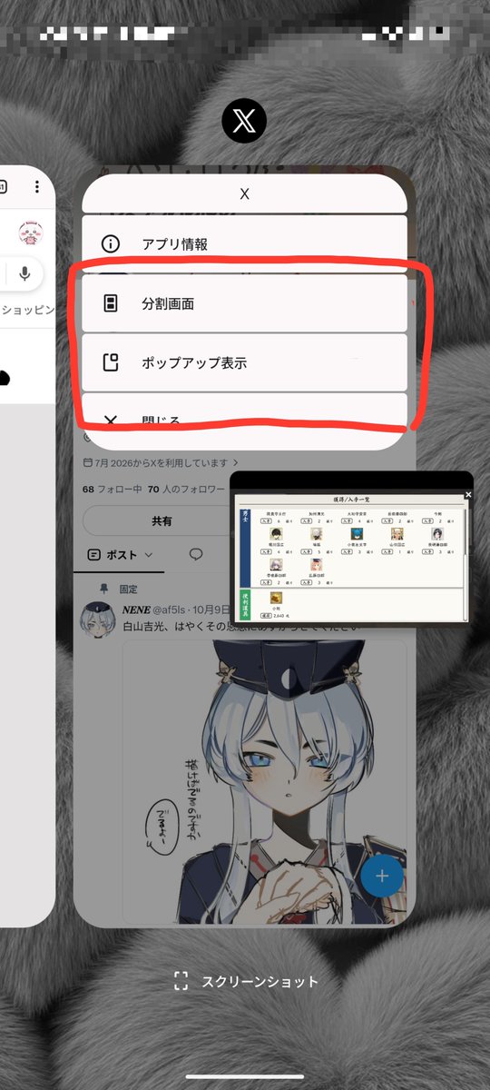 af5ls's tweet photo. @kotoha_hi もしかしたら使っている機種にもよるかもしれませんが、
タスク画面で画面上部に出てくるアプリアイコンをタップ→①分割画面を選択したら上下に分けられる②ポップアップ表示を選択したら小さい画面が出てくる
これでやってます！使ってる機種はNothing4aです！ https://t.co/9gbnQ7y8nk