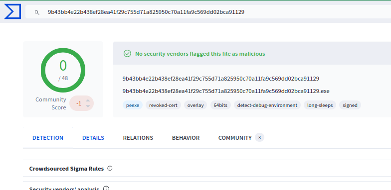 SquiblydooBlog's tweet photo. Amazing: it somehow went from 1 detection on VirusTotal to 0 

CertGraveyard volunteers report certificates for revocation, but in this case, the certificate was revoked before @malwrhunterteam shared it with us. We add it to our database and use these opportunities to investigate the malware anyway.

In his blogpost, @devmihaylov does an amazing job digging in and turning the malware inside out. 

(Note: We can always use more volunteers to analyze malware, pivot on known bad indicators, tracking infrastructure and more. If you're interested, join the Discord and reach out: https://t.co/ZcWIqa6rKB.)