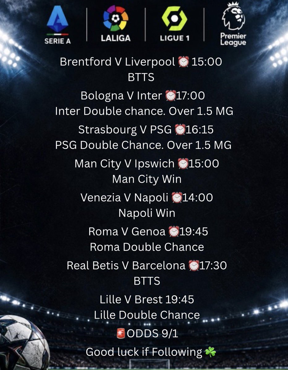 ertips09's tweet photo. 🚨Today’s Football bet🚨

💵ODDS 9/1 

Had a good week on the footy, long may it continue 🤑

Good luck if following ☘️

#Footballtipster #FootballPicks #FootballTwitter #tips #tipster #FootballPredictions #premierleague #seriea #laliga #FootballPredictions #saturdayfun https://t.co/aBmkLuGrKu