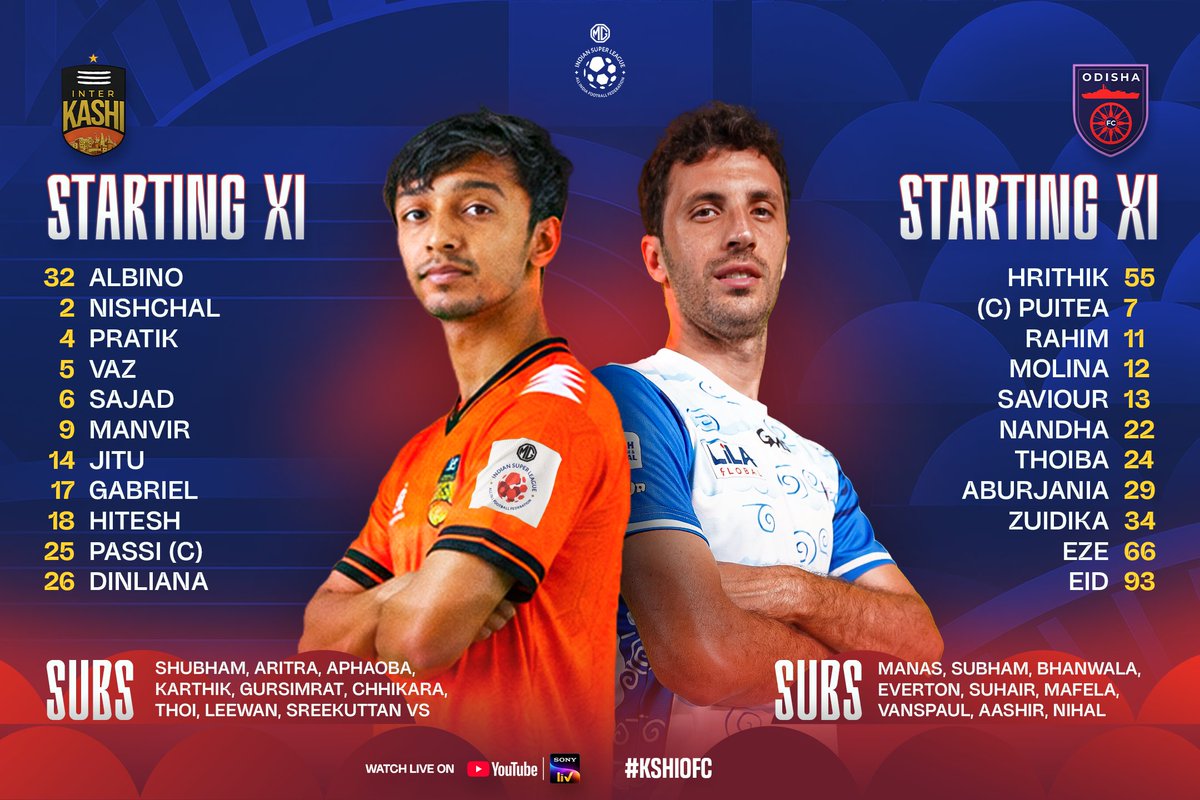 IndSuperLeague's tweet photo. TEAM NEWS! Inter Kashi and Odisha FC are ready for battle at the Balewadi.🏟️

Watch #KSHIOFC, live on YouTube and #SonyLIV: https://t.co/1bkFvH6S60

#WeAreOpen #MGISL #MGISL13 https://t.co/dp75fHWICE