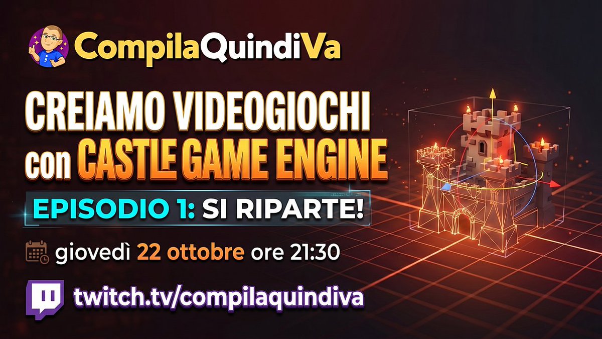 CompilaQuindiVa's tweet photo. Nuova serie su #Twitch! Giovedì 22/10 ore 21:30 ripartiamo con #CastleGameEngine per sviluppare giochi 2D/3D in Object #Pascal. 🕹️ Esploreremo le novità e ci faremo aiutare da #ClaudeCode per imparare e creare codice e asset! 🤖✨Dettagli e link qui: https://t.co/GqJ77ywLzA 👇 https://t.co/ik3SXNSPNV