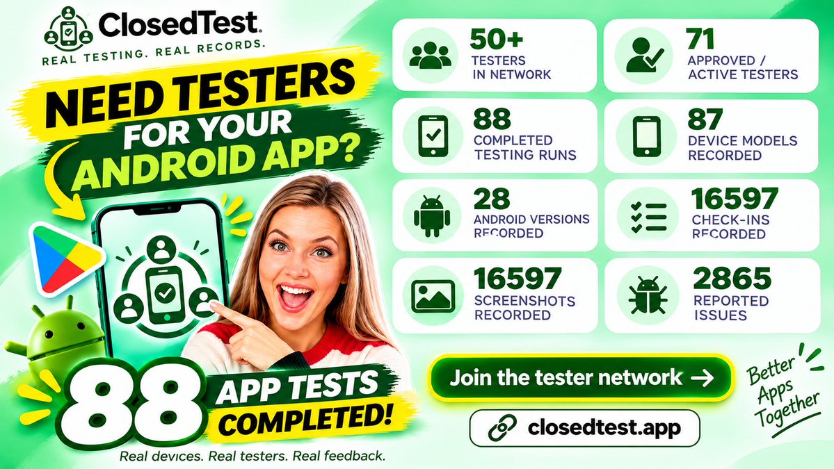 Ax26af's tweet photo. 88 app โ
๐ 88 app tests completed!
Real testers, real devices, real feedback. Build with confidence. ๐ฑ๐ฑ
link:๐
https://t.co/dFWbTruD0h
#ClosedTest #AndroidDev #AppTesting #QA #MobileDev https://t.co/CAehs7l0qH