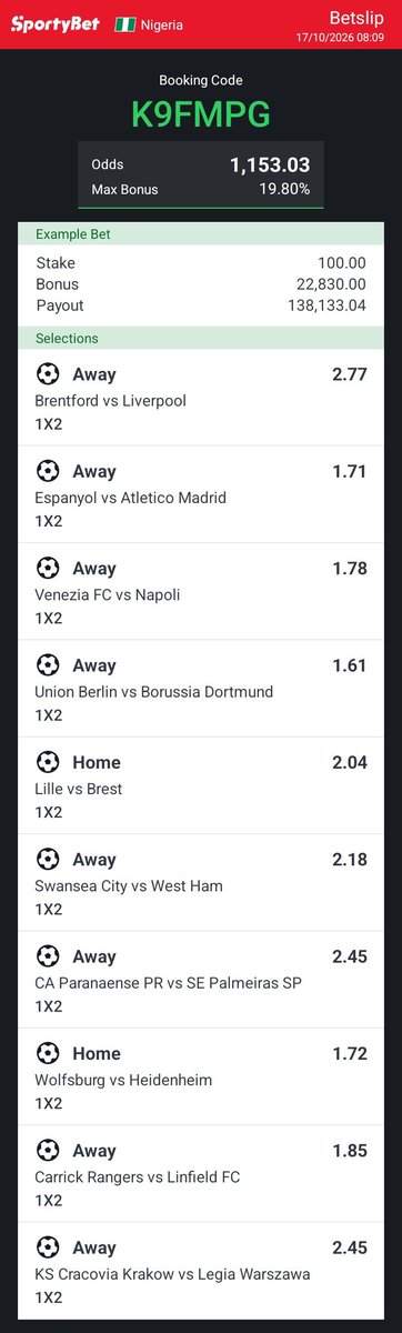 Ikechigod's tweet photo. Code: K9FMPG

Big odds ⚽ 
Big winnings 🏆 
That's all we ask 🔥 https://t.co/3nUZbYq4gL