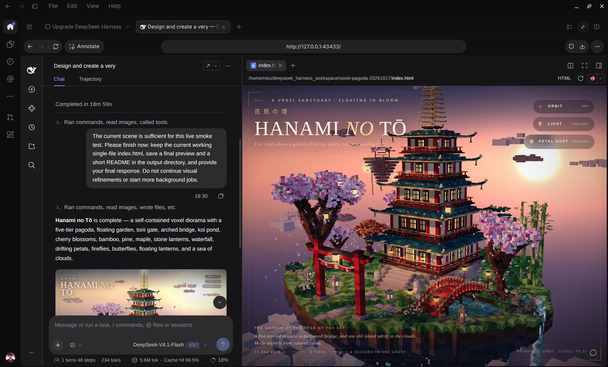 A voxel-pagoda result generated in DeepSeek Harness