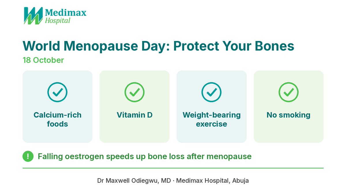MedimaxHospital's tweet photo. Tomorrow is World Menopause Day. Rarely discussed: after menopause, falling oestrogen speeds up bone loss.

Protect your bones: calcium-rich foods, vitamin D, brisk walking and other weight-bearing exercise, no smoking.

#WorldMenopauseDay
– Dr Maxwell Odiegwu, MD https://t.co/cSBA8Te0sA