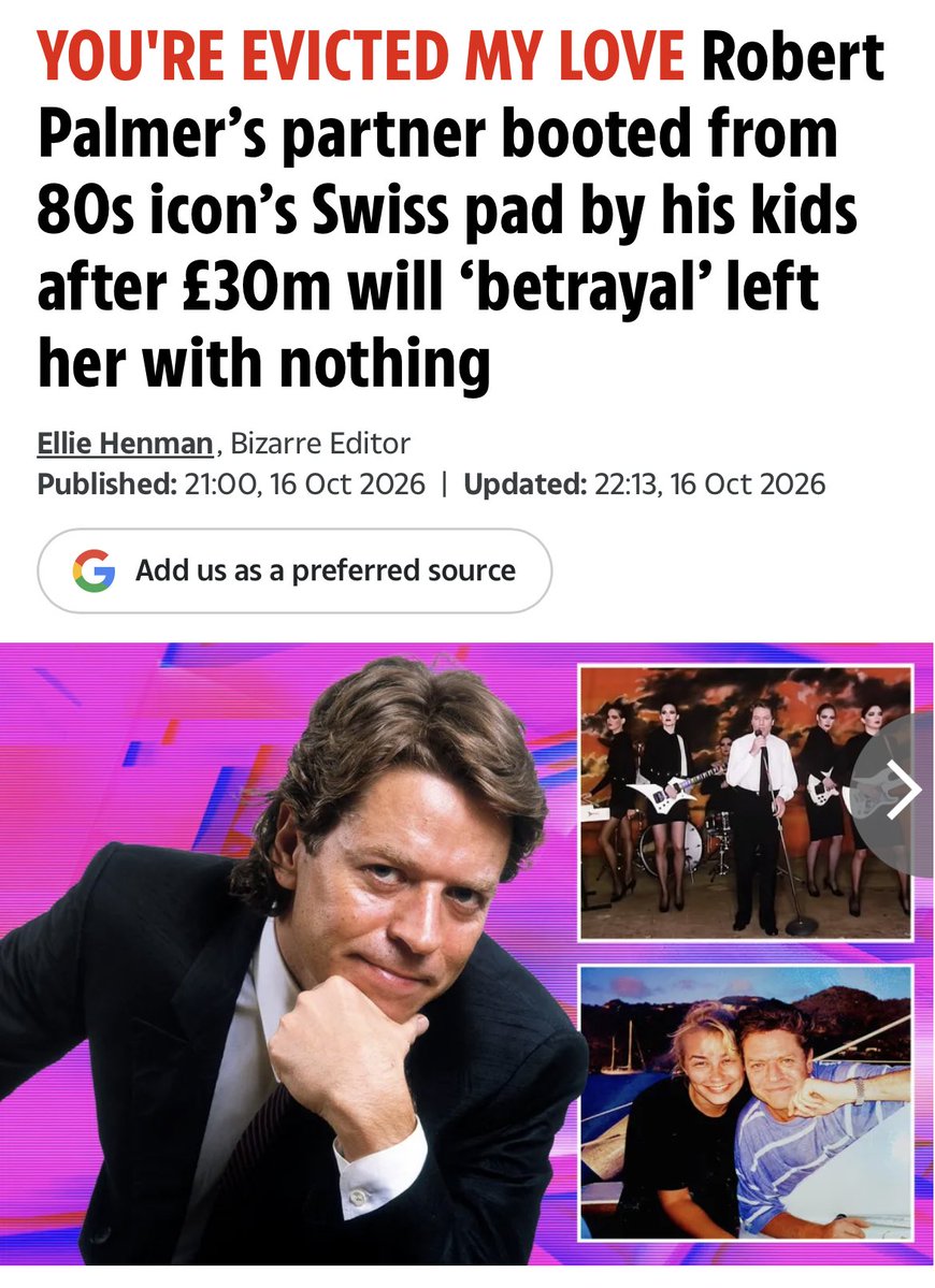 LordIanAustin's tweet photo. Today’s Sun has a sad story about Robert Palmer’s partner being kicked out of their home after he died, with the brilliant headline, “might as well face it, you’re evicted, my love”
Whoever wrote that is a genius!

https://t.co/iJnClCNveR https://t.co/KlwULjqvMi