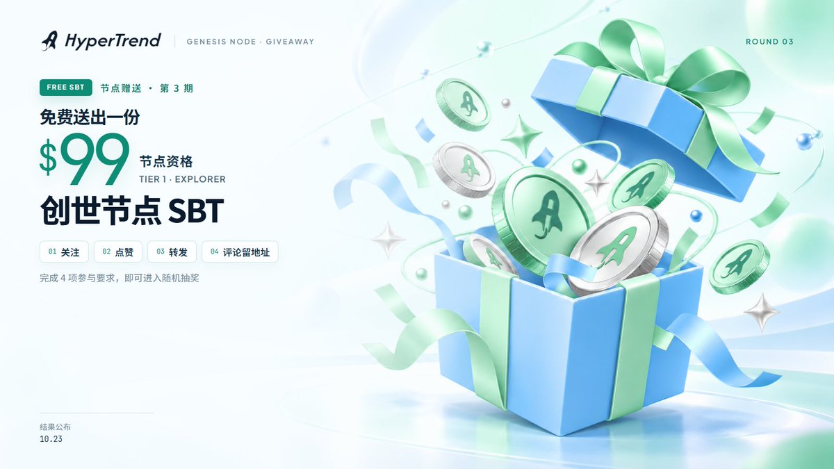 HyperTrenders's tweet photo. 🎁 创世节点赠送 · 第 3 期来啦！

这次继续送出 1 份 Tier 1 · Explorer（$99 档）创世节点资格。

参加方式：
💚 关注 @HyperTrenders
❤️ 点赞本帖
🔁 转发本帖
💬 在评论区留下钱包地址

完成以上 4 项，就能进入抽奖名单。

开奖：10 月 23 日

祝你好运，我们开奖见！