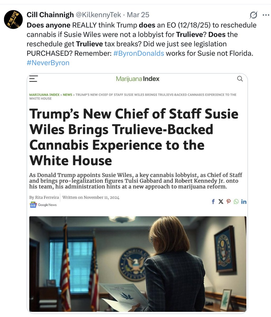KilkennyTek's tweet photo. @honestpollster It’s why Susie Wiles will leave only when she CHOOSES to leave. She brings in $$ to #TrumpInc and her #MoneyLaundering network is unparalleled. If prosecutions start after midterms, she’ll take her pardon and leave. #ByronDonalds is her next cash flow plan. #Pay4Play #DJTPardons https://t.co/DqEkib64Ld