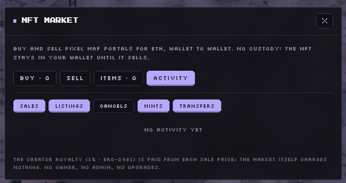 pixemaps's tweet photo. the pixel map world keeps expanding

we've added a built-in nft marketplace directly to our website

you can now explore the world, discover our on-chain pixel relics, list your nfts for sale and trade them without leaving pixel map https://t.co/GDsHznojMA