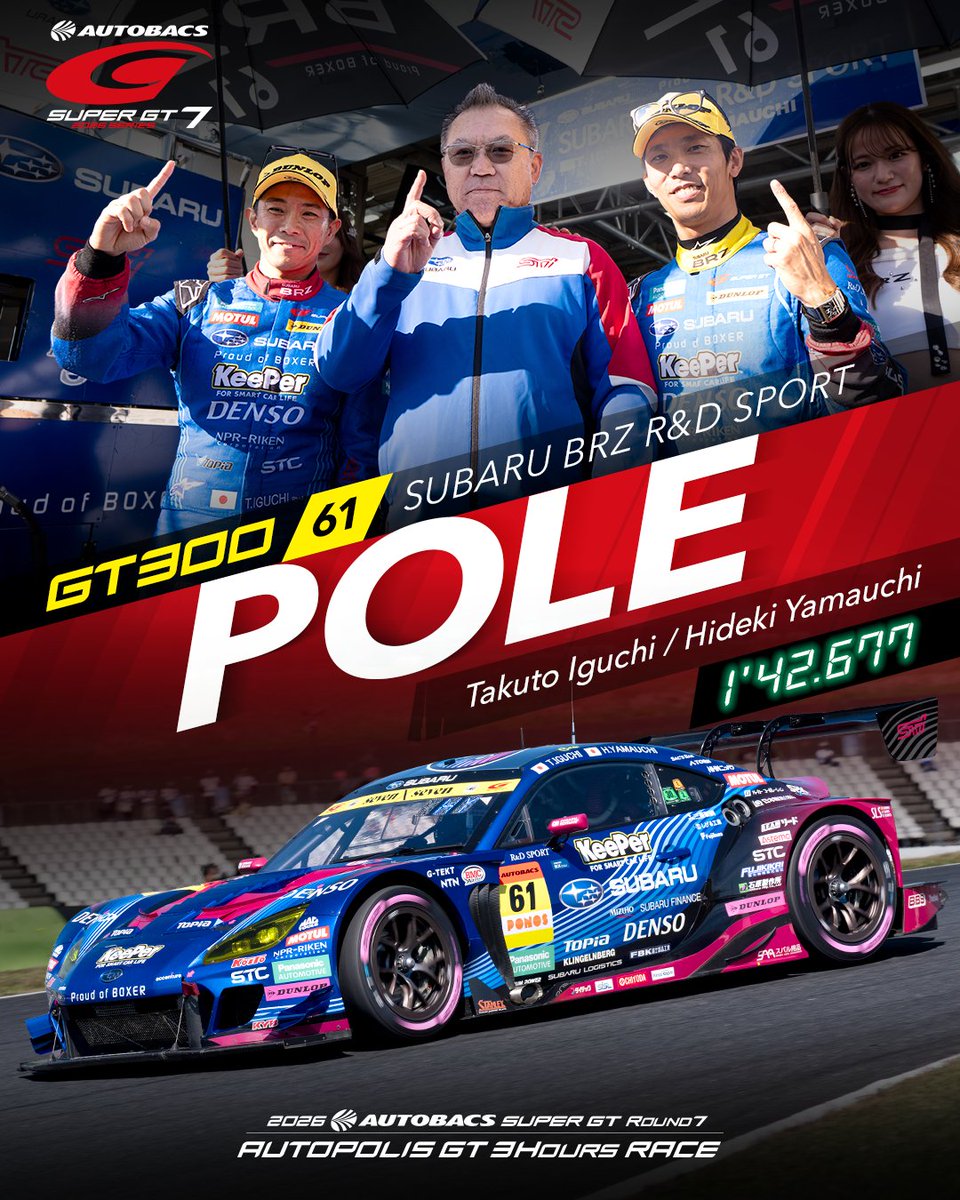 SUPERGT_JP's tweet photo. 【第7戦 オートポリス｜GT300 POLE POSITION】

GT300クラスのポールポジションは、
#61 SUBARU BRZ R&D SPORT！🏁

井口 卓人選手／山内 英輝選手

⏱️1'42.677

公式練習から好調な走りを見せ、**見事ポールポジションを獲得しました！**✨

#SUPERGT #オートポリス

@takuto_iguchi 
@hidekiyamauchi 
@SUBARU_STI_MS