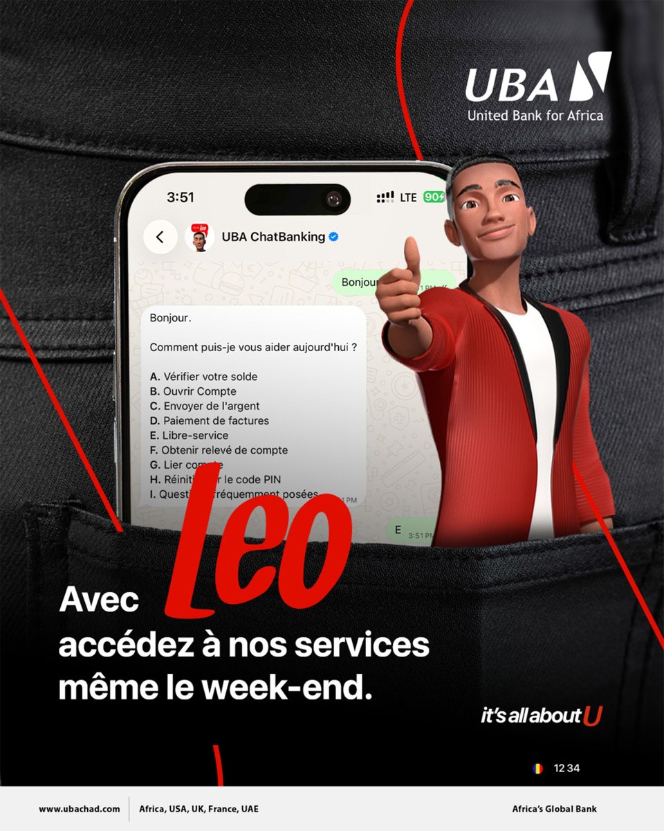 UBATchad's tweet photo. Ton relevé de compte, une facture à payer, un envoi d'argent : Leo répond sur WhatsApp au +235 68 67 19 19.
Bon week-end.
#MaBanque #UBATchad #ItsAllAboutU https://t.co/B5Ryfbit8b