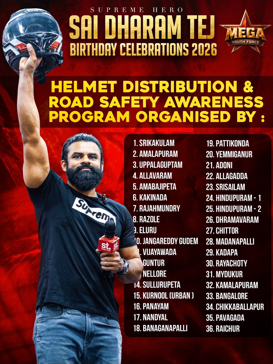 MYFOffl's tweet photo. Celebrating Supreme Hero @IamSaiDharamTej garus Birthday through 72 Service Programmes across AP, TS &amp; KA. ❤️‍🔥

Service. Humanity. Social Responsibility. 🙏❤️‍🔥

#SaiDharamTej #MegaYouthForce https://t.co/3QlHfgCVBP