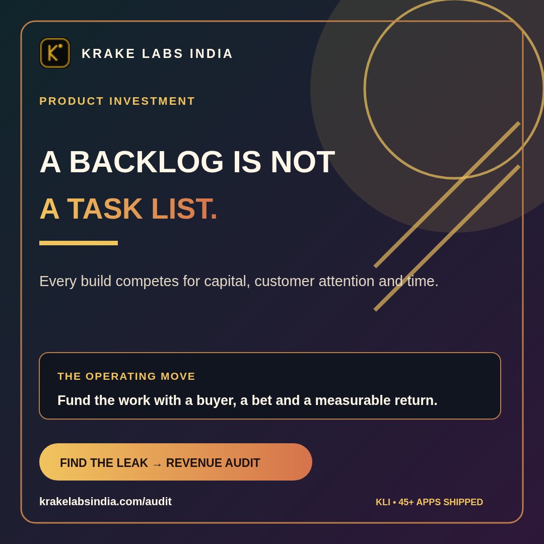KLIKrakelab's tweet photo. A backlog is not a task list. Every item competes for capital, customer attention and time.\n\nFund work only when it has a buyer, a bet and measurable return.\n\nWhich backlog item would you stop funding first?\n\n#ProductStrategy #SaaS https://t.co/dQCt6crDsC