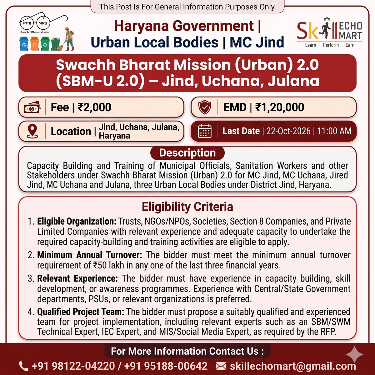 SkillEchoMart's tweet photo. Live Tender Alert: Urban Local Bodies, Government of Haryana | MC Jind
Last Date: 22-10-2026, 11:00 AM
#LiveTender #HaryanaTender #JindTender #SwachhBharatMission #SBMU20 #UrbanLocalBodies #CapacityBuilding #SkillDevelopment #SanitationWorkers #MunicipalTraining https://t.co/GHdNpKLFx7