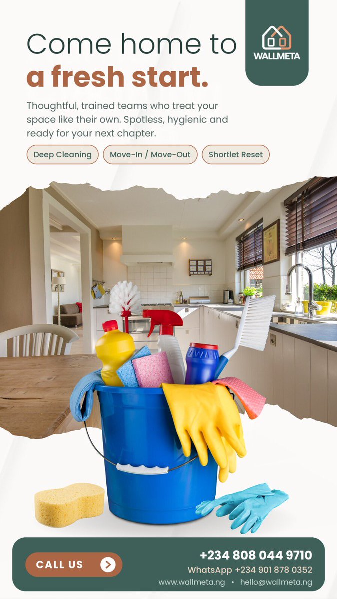 wallmeta_realty's tweet photo. Come home to a fresh start ✨ Deep cleaning, move-in/move-out, and shortlet resets—handled with care by Wallmeta’s trained team. Book your clean today!
#Wallmeta #CleaningServices #DeepCleaning #MoveInCleaning #MoveOutCleaning #ShortletCleaning #Abuja #AbujaHomes #FreshStart https://t.co/uFOqBoPJIu