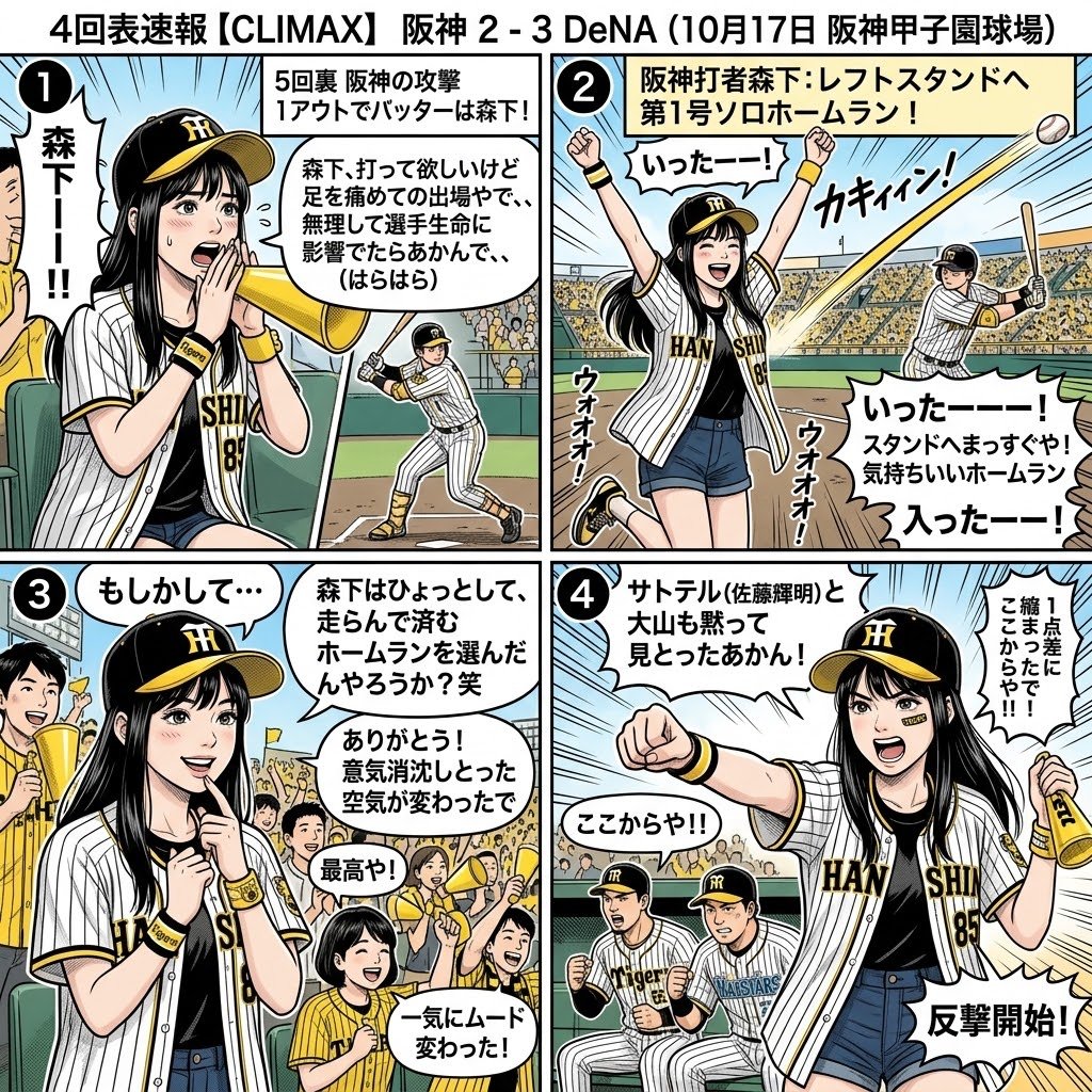 Good_hanshin's tweet photo. 5回裏速報　【CLIMAX】　阪神2-３DeNA
10月17日(土) #阪神タイガース 対 #横浜DeNAベイスターズ @ #阪神甲子園球場
阪神打者 #森下翔太:レフトスタンドへ第1号ソロホームラン！
#Gemini4Argon #4コマ漫画 #速報 #tigers #阪神タイガース #AIart
#これだから阪神ファンはやめられない https://t.co/wxvxgzGuA1