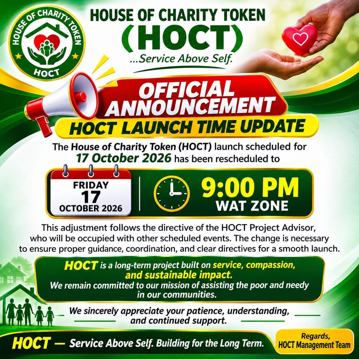 _Foster_x's tweet photo. 🚨 $HOCT LAUNCH UPDATE

Mark your calendar

The House of Charity Token launch is happening TODAY at 9:00 PM WAT.

Built on compassion, service, and a mission to support the poor and needy, HOCT is aiming for something bigger than just a token. 

Stay ready and f@ll@w @WernerthanGod 
Join community https://t.co/oP0NLsoBl4